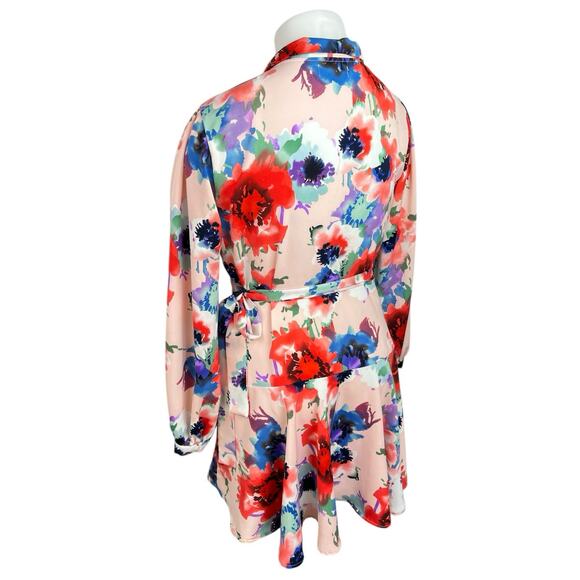 Boohoo Womens Multicolor Floral Wrap Tie Long Sleeve Mini Skater A-line Dress 14 - Picture 6 of 9